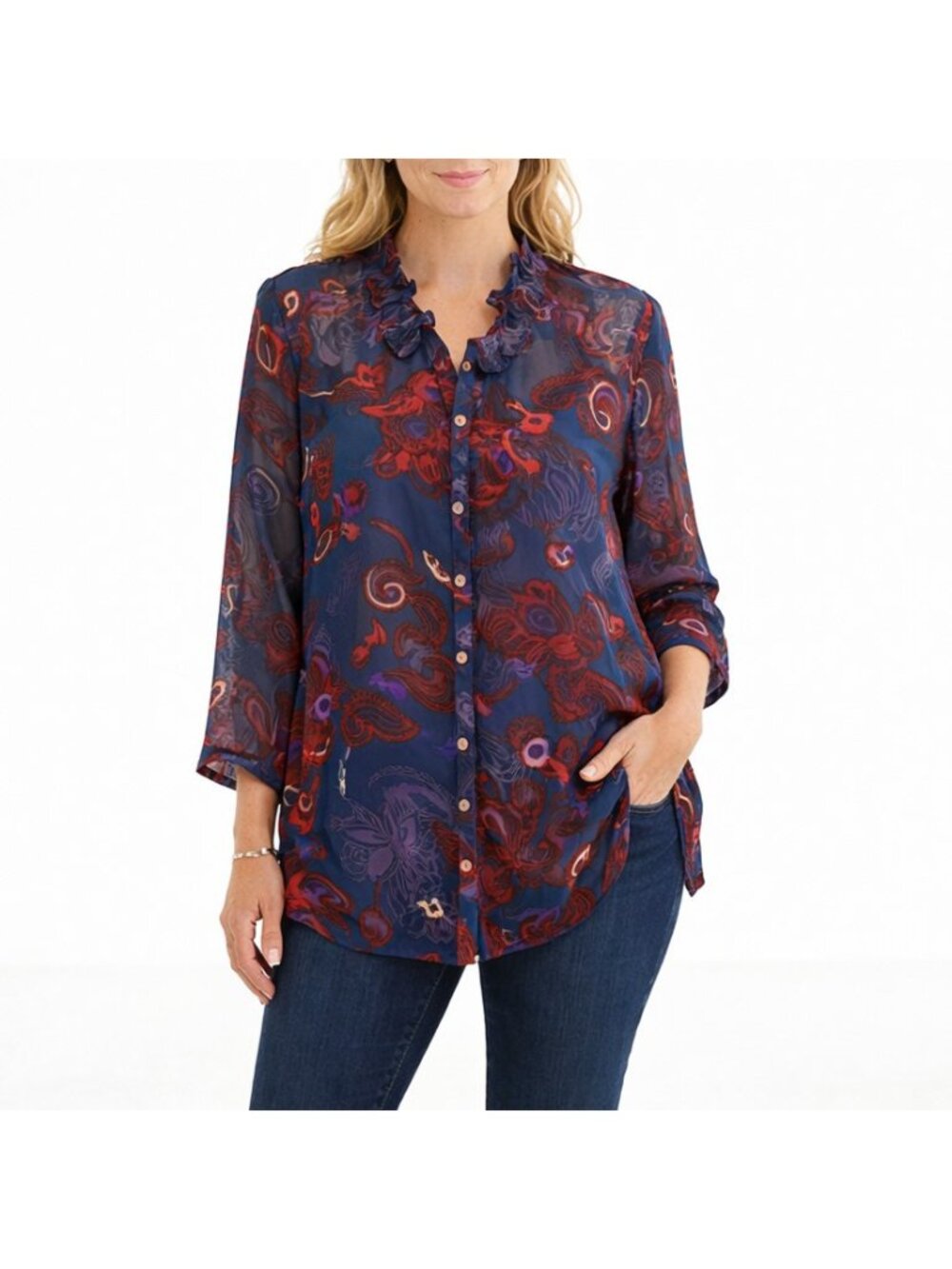 NEW Cabi Lovely Blouse #3122 Womens XL Sheer Paisley Floral Tunic Fall 2015